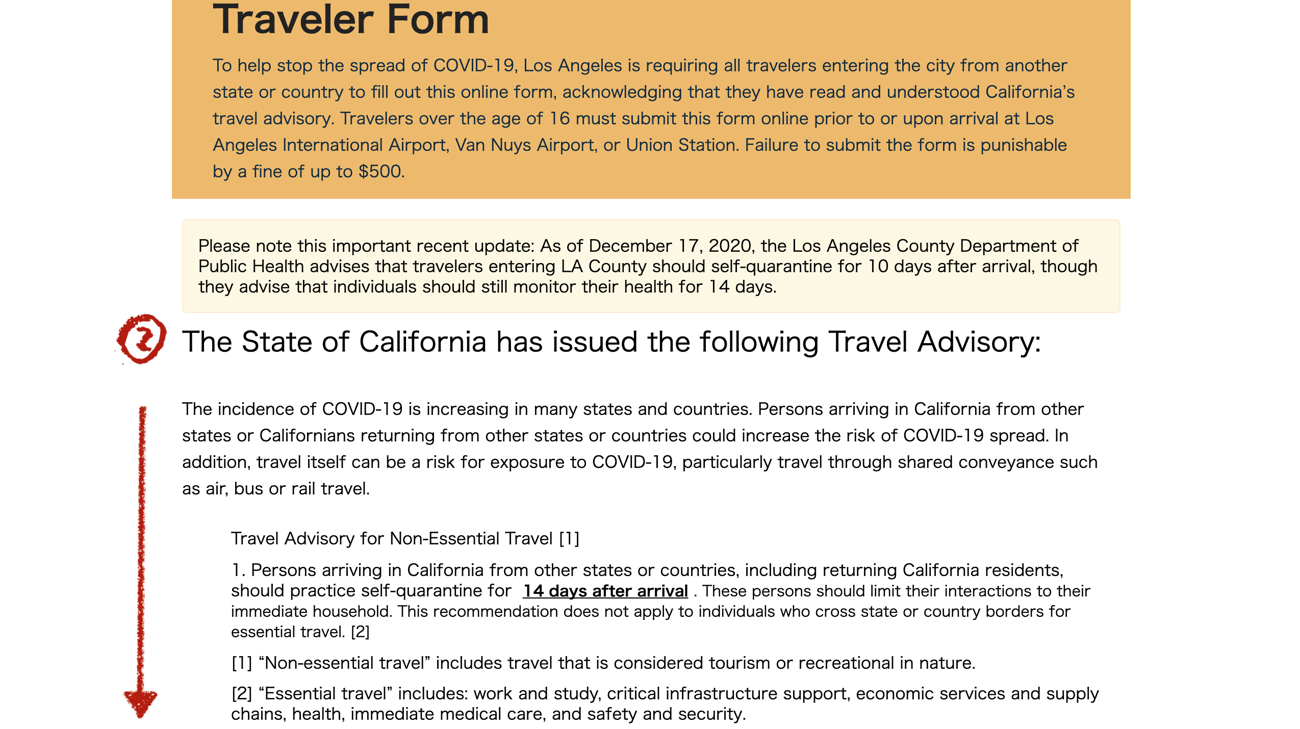 ロサンゼルスのtraveler form(旅行勧告）の書き方