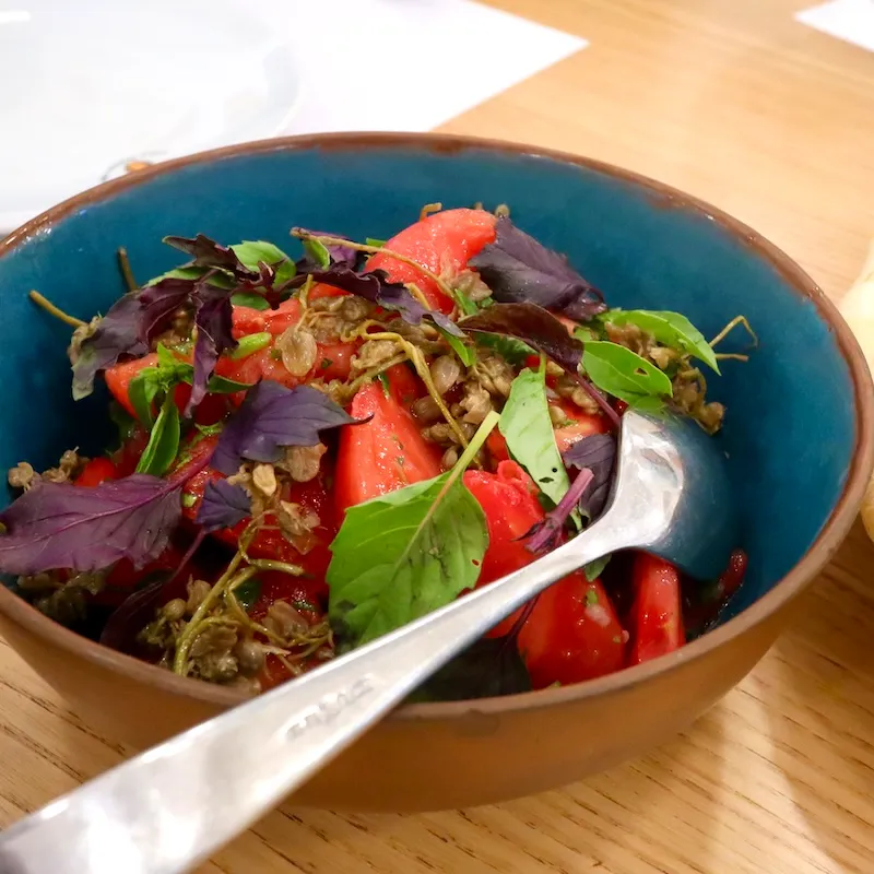 Tomato Salad（トマトサラダ）with Jonjoli（ジョンジョリ）aka Pickled bladdernut blossoms